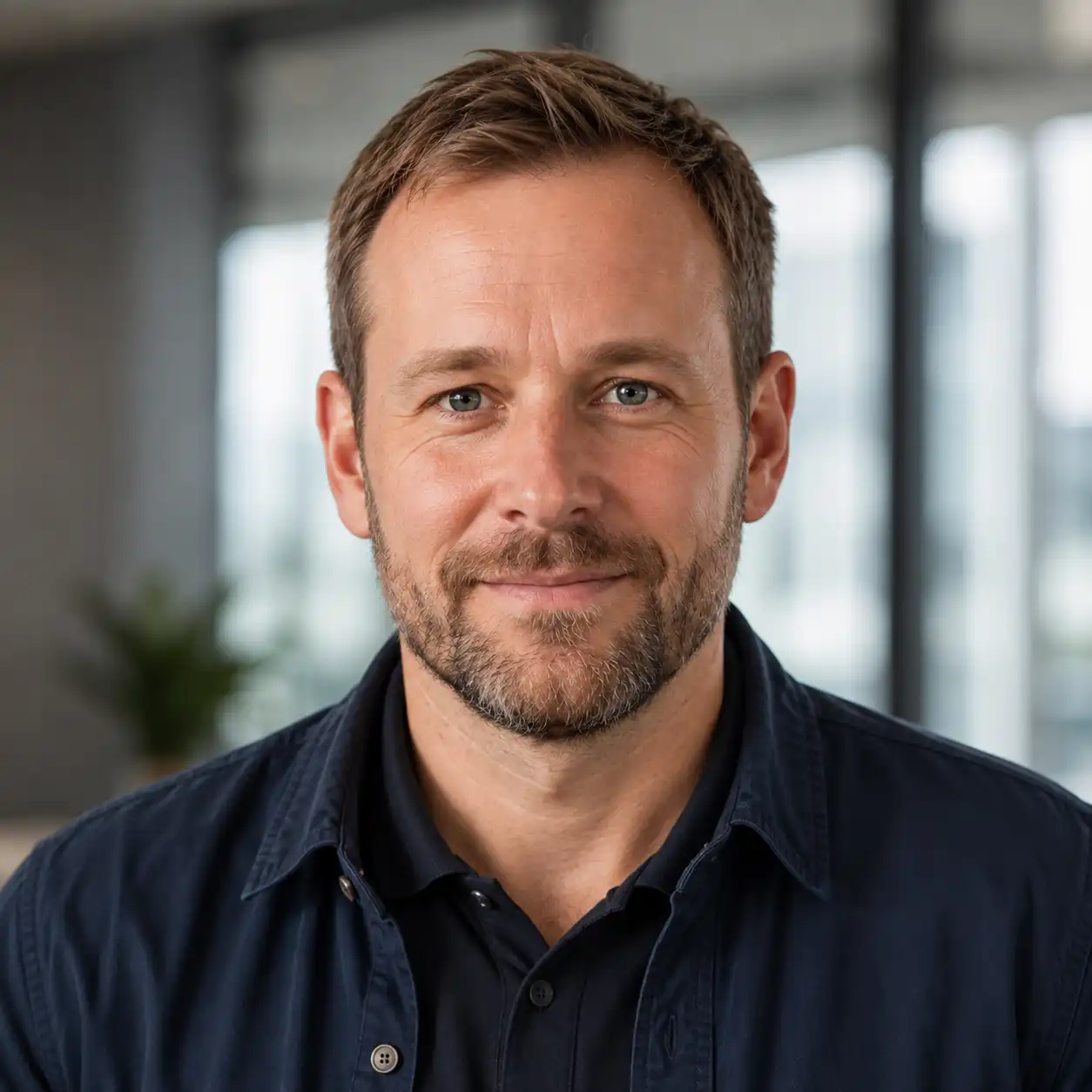 Headshot of a man with a beard and blue eyes, wearing a navy shirt.