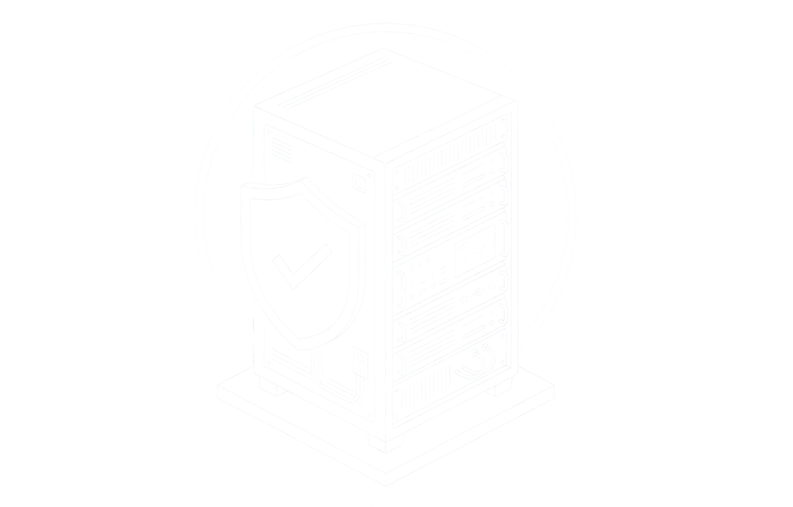 Pixel art datacenter support icon with a server and shield.