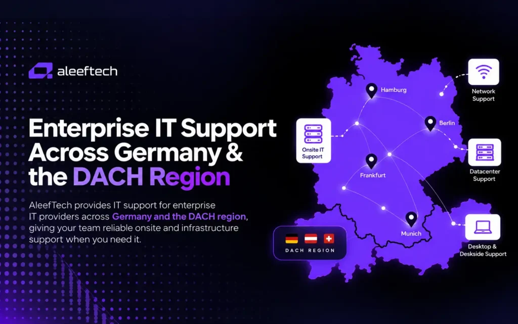 Alaftech logo and map of Germany showing enterprise IT support locations in Hamburg, Berlin, Frankfurt, and Munich.