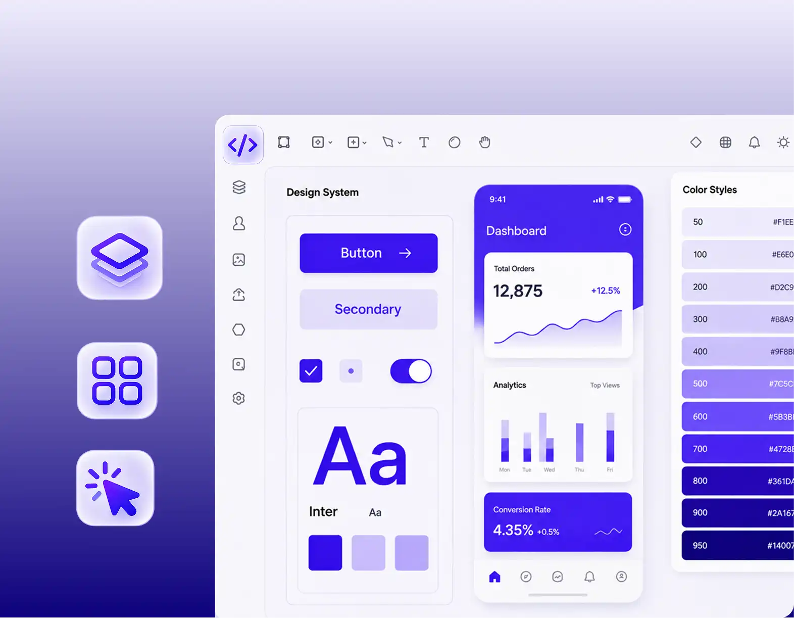 UI/UX design dashboard with color styles, buttons, and typography