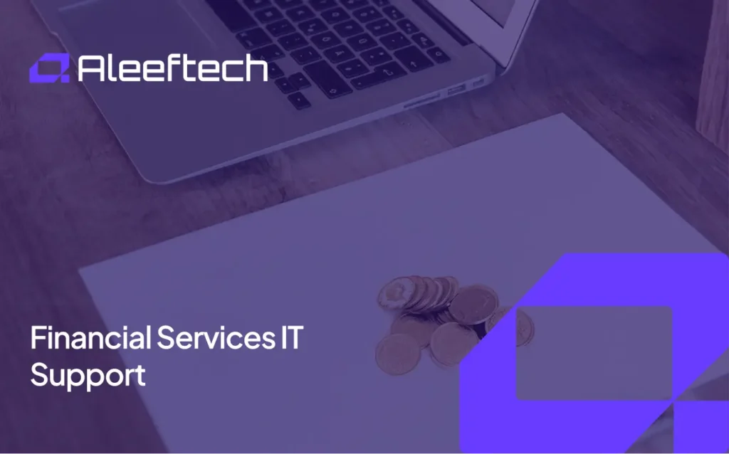 Aleeftech logo and text "Financial Services IT Support" with coins and laptop.