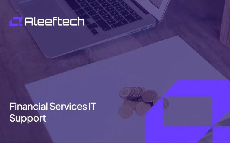 Aleeftech logo and text "Financial Services IT Support" with coins and laptop.