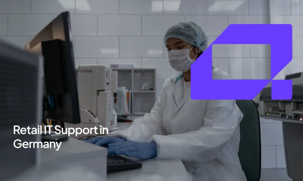 Person in lab coat and mask using computer, representing retail IT support in Germany.