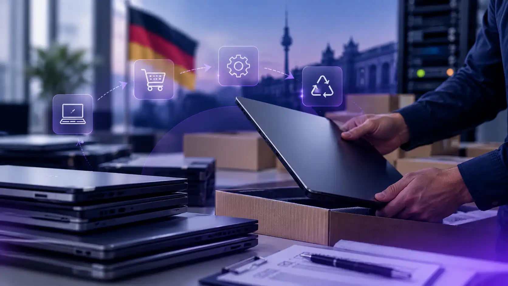 Hardware procurement transformation in Germany: laptops, shopping cart, gears, recycling icons.