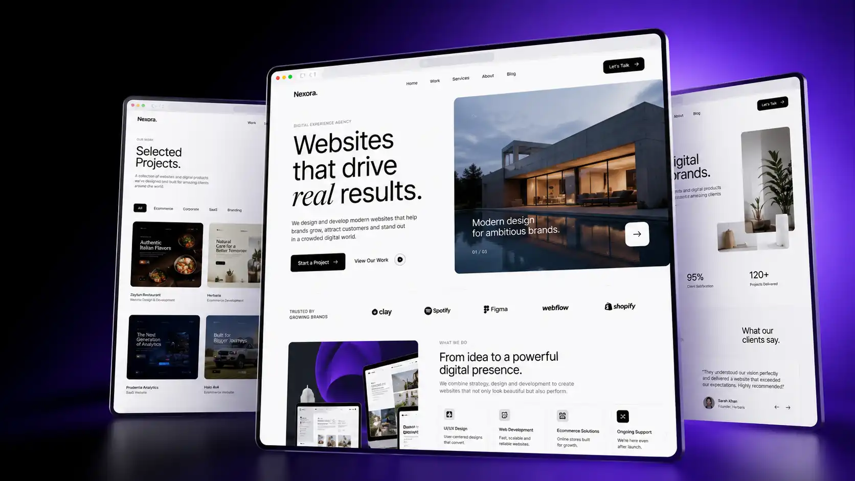 Nexora website development agency showcasing modern website designs on multiple screens.