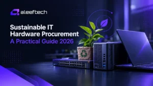Aleeftech logo, plant in pot with recycling symbol, server, laptop for sustainable IT hardware procurement